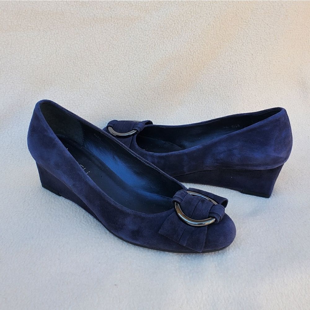 Vaneli blue suede wedges with attached ribbon buckle